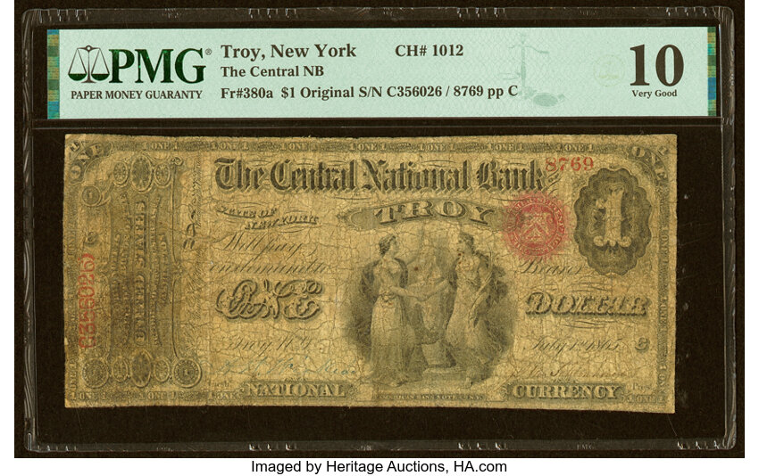 image for: Troy, NY - $1 Original Fr. 380a The Central National Bank Ch. # 1012 PMG Very Good 10....