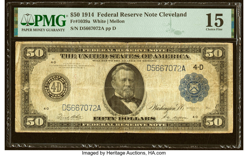 image for: Fr. 1039a $50 1914 Federal Reserve Note PMG Choice Fine 15....