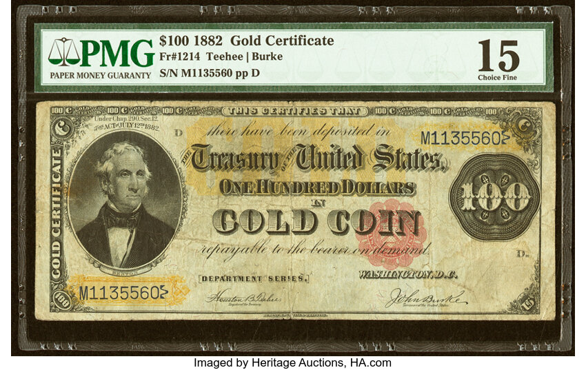 image for: Fr. 1214 $100 1882 Gold Certificate PMG Choice Fine 15....