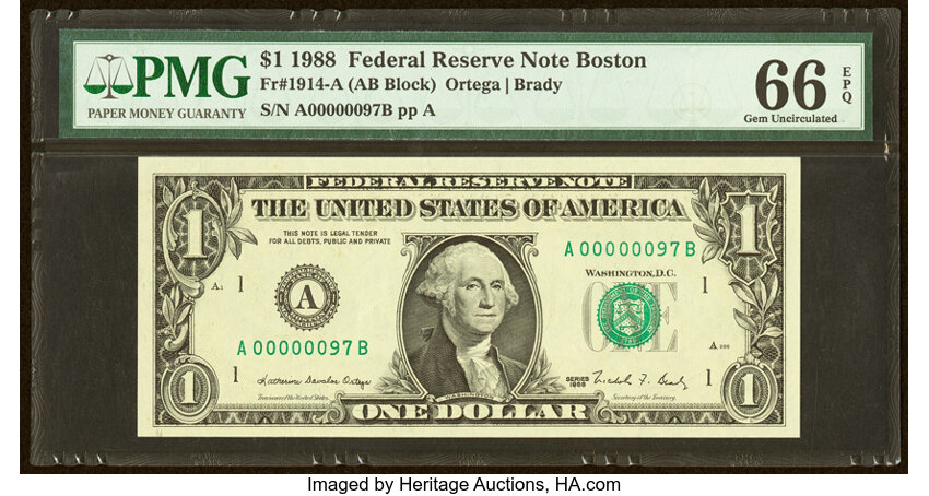 image for: Low Serial Number 97 Fr. 1914-A $1 1988 Federal Reserve Note. PMG Gem Uncirculated 66 EPQ....