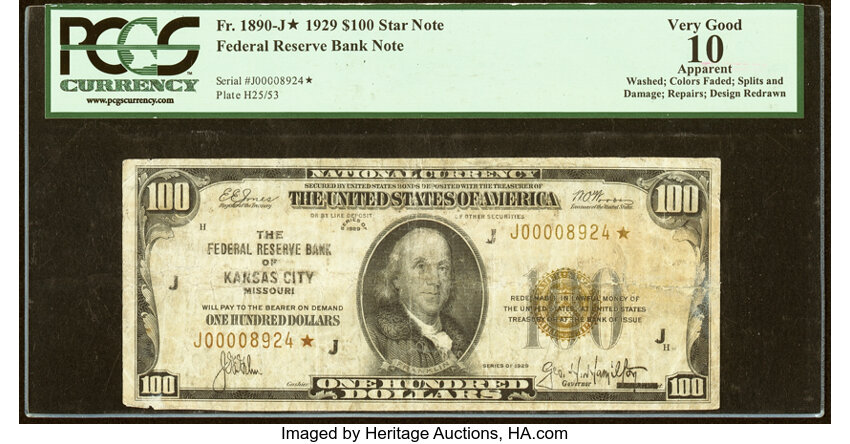 image for: Fr. 1890-J* $100 1929 Federal Reserve Bank Star Note. PCGS Apparent Very Good 10....