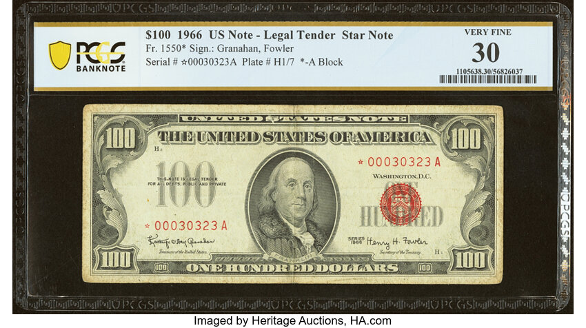 image for: Fr. 1550* $100 1966 Legal Tender Star Note. PCGS Banknote Very Fine 30....