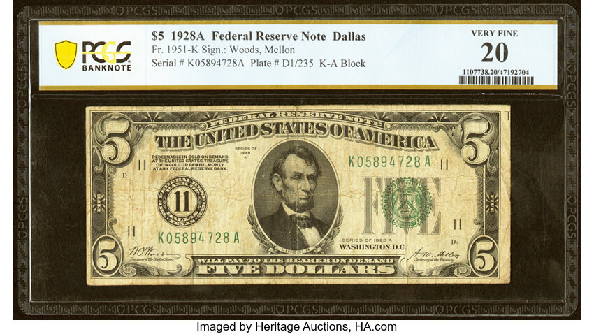 image for: Fr. 1951-K $5 1928A Federal Reserve Note. PCGS Banknote Very Fine 20....