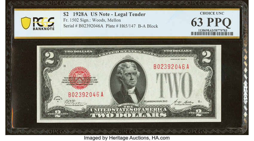 image for: Fr. 1502 $2 1928A Legal Tender Note. B-A Block. PCGS Banknote Choice Unc 63 PPQ....