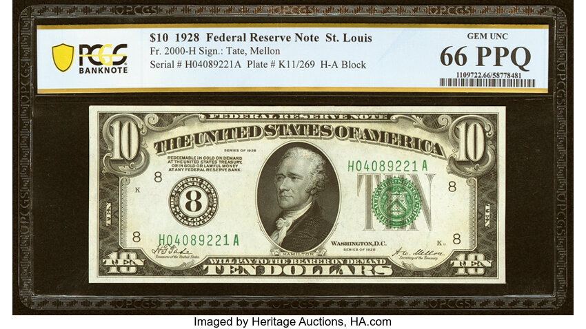 image for: Fr. 2000-H $10 1928 Federal Reserve Note. PCGS Banknote Gem Unc 66 PPQ....