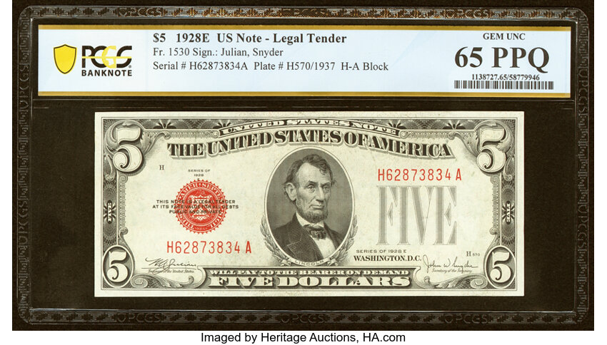 image for: Fr. 1530 $5 1928E Legal Tender Note. PCGS Banknote Gem Unc 65 PPQ....