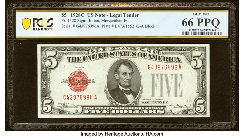 image for: Fr. 1528 $5 1928C Legal Tender Note. PCGS Banknote Gem Unc 66 PPQ....