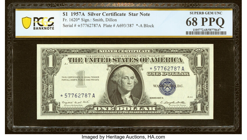 image for: Fr. 1620* $1 1957A Silver Certificate Star Note. PCGS Banknote Superb Gem Unc 68 PPQ....