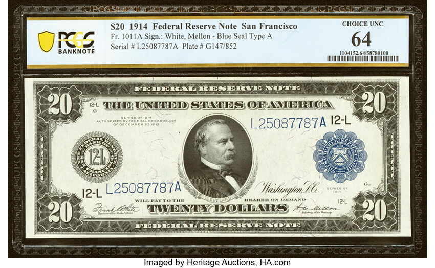 image for: Fr. 1011a $20 1914 Federal Reserve Note PCGS Banknote Choice Unc 64....