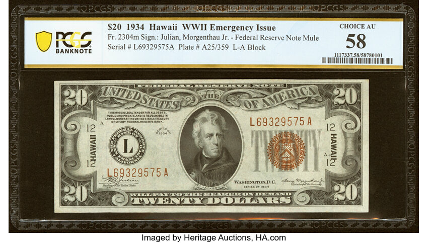 image for: Fr. 2304 $20 1934 Mule Hawaii Federal Reserve Note. PCGS Banknote Choice AU 58....