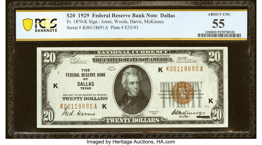 image for: Fr. 1870-K $20 1929 Federal Reserve Bank Note. PCGS Banknote About Unc 55....