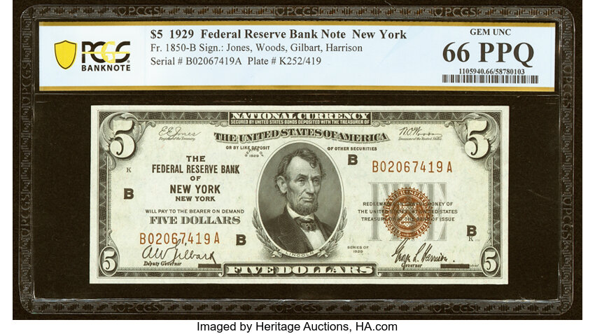 image for: Fr. 1850-B $5 1929 Federal Reserve Bank Note. PCGS Banknote Gem Unc 66 PPQ....