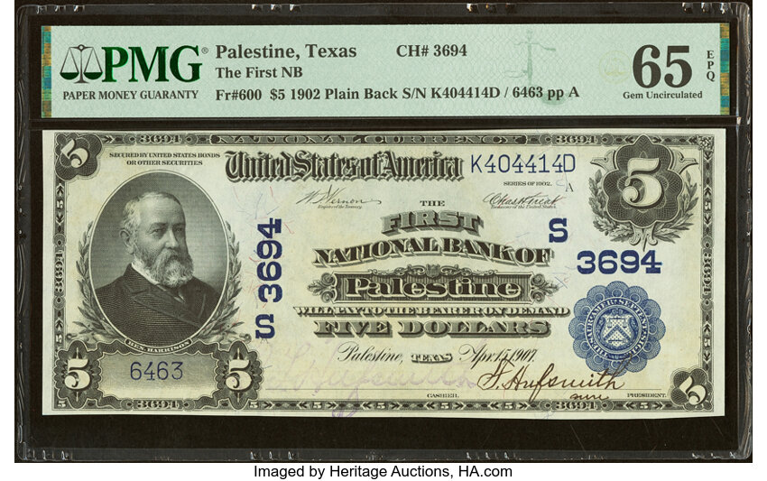 image for: Palestine, TX - $5 1902 Plain Back Fr. 600 The First National Bank Ch. # (S)3694 PMG Gem Uncirculated 65 EPQ....