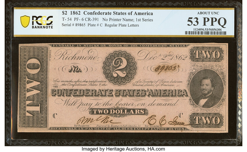 image for: T54 $2 1862 PF-6 Cr. 391 PCGS Banknote About Unc 53 PPQ....