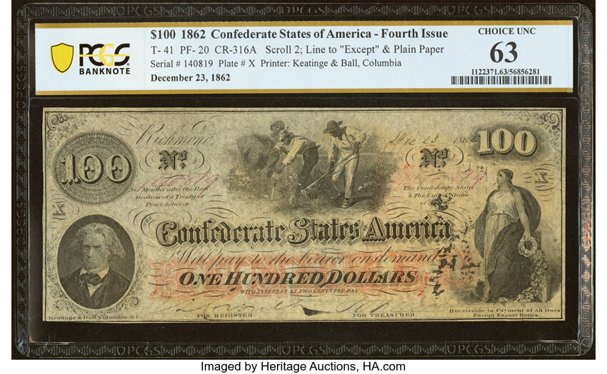 image for: T41 $100 1862 PF-20 Cr. 316A PCGS Banknote Choice Unc 63....