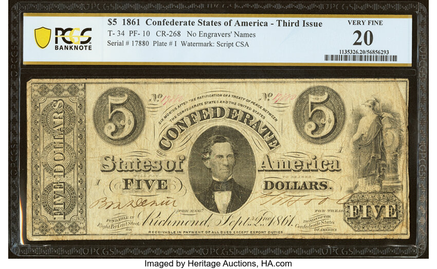 image for: T34 $5 1861 PF-10 Cr. 268 PCGS Banknote Very Fine 20....