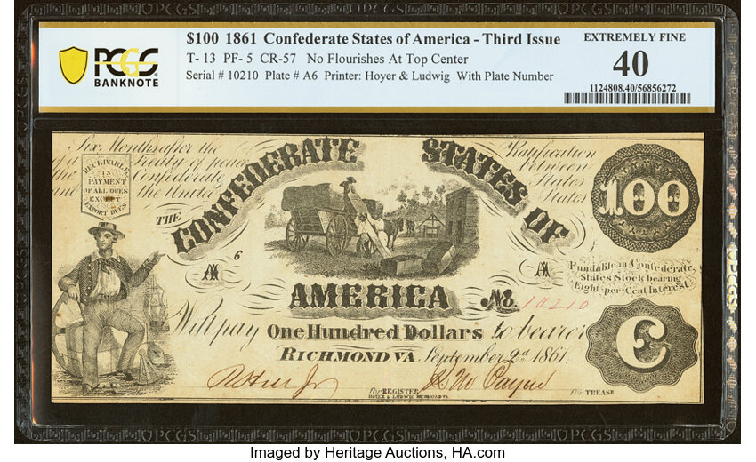 image for: T13 $100 1861 PF-5 Cr. 57 PCGS Banknote Extremely Fine 40....