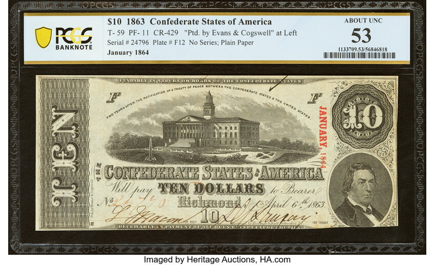 image for: T59 $10 1863 PF-11 Cr. 429 PCGS Banknote About Unc 53....