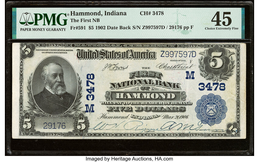 image for: Hammond, IN - $5 1902 Date Back Fr. 591 The First National Bank Ch. # (M)3478 PMG Choice Extremely Fine 45....