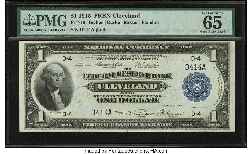 image for:  Low Serial Number D414A Fr. 718 $1 1918 Federal Reserve Bank Note PMG Gem Uncirculated 65 EPQ....