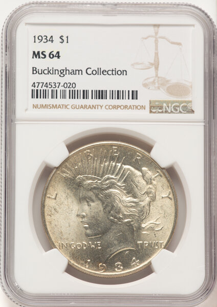 1934 $1 MS64 NGC. Ex: Buckingham Collection. CDN: $335 Whsle. Bid for NGC/PCGS MS64. Mintage 954,057. ...