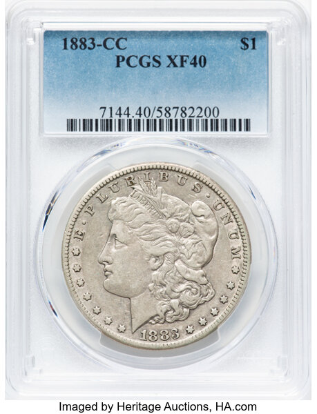 1883-CC $1 XF40 PCGS. PCGS Population: 69 in 40, 54358 finer (11/25). CDN: $175 Whsle. Bid for NGC/PCGS XF40. Mintage 1,204...