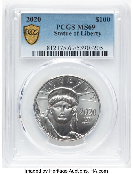 image for: 2020 $100 Statue of Liberty, MS69 PCGS. PCGS Population: 45 in 69, 20 finer (10/25). CDN: $1,663.57 Whsle. Bid for NGC/PCGS...