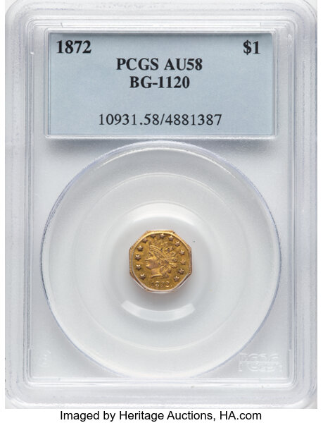 image for: 1872 $1 Indian Octagonal, BG-1120, Low R.5, AU58 PCGS. PCGS Population: 6 in 58, 39 finer (11/25). ...