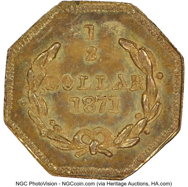 image for: 1871 50C Liberty Octagonal, BG-911, R.4, MS65 NGC. NGC Census: 7 in 65, 11 finer (11/25). ...