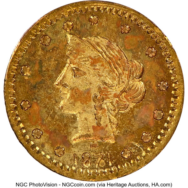 image for: 1871 25C Liberty Round, BG-861, Low R.5, MS64 NGC. NGC Census: 4 in 64, 1 finer (11/25). ...