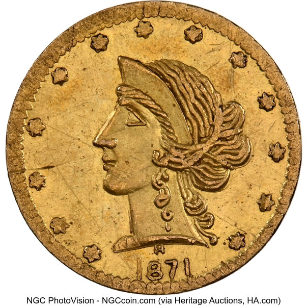 image for: 1871 50C Liberty Round, BG-1046, Low R.7, MS62 NGC. NGC Census: 1 in 62, 3 finer (11/25). ...