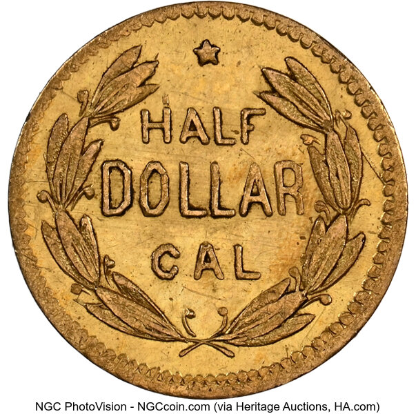 image for: 1871 50C Liberty Round, BG-1046, Low R.7, MS62 NGC. NGC Census: 1 in 62, 3 finer (11/25). ...