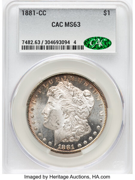 1881-CC $1 MS63 CACG. Mintage 296,000....