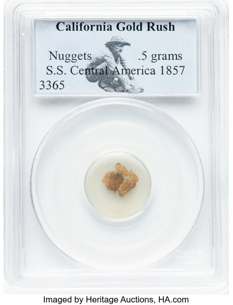 image for: California Gold Rush Pinch .5 Grams, Nuggets PCGS. Ex: S.S. Central America, which sank in 1857....