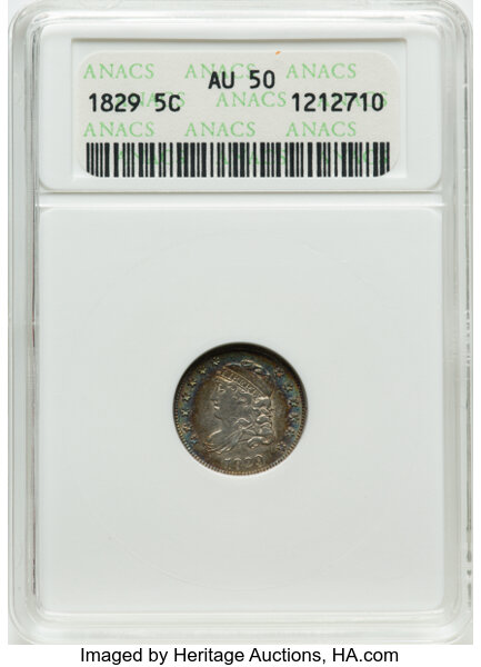 image for: 1829 H10C V-7, LM-1, R.2, AU50 ANACS. Housed in a small-sized holder.  Mintage 1,230,000....