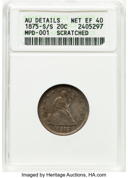 image for: 1875-S 20C Misplaced Date, FS-302, BF-16, R.1 -- Scratched -- ANACS Details. AU Details, Net XF40. Housed in a small-sized ...