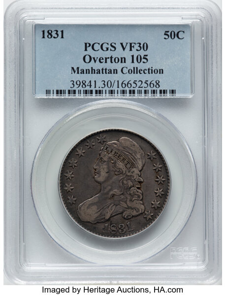 image for: 1831 50C O-105, R.3, VF30 PCGS. Ex: Manhattan Collection. PCGS Population: 2 in 30, 23 finer (11/25). CDN: $132 Whsle. Bid ...