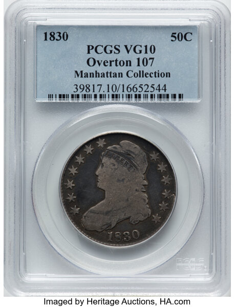 image for: 1830 50C Small 0, O-107a, R.2, VG10 PCGS. Ex: Manhattan Collection. Attributed as O-107 by PCGS., but the obverse die crack...