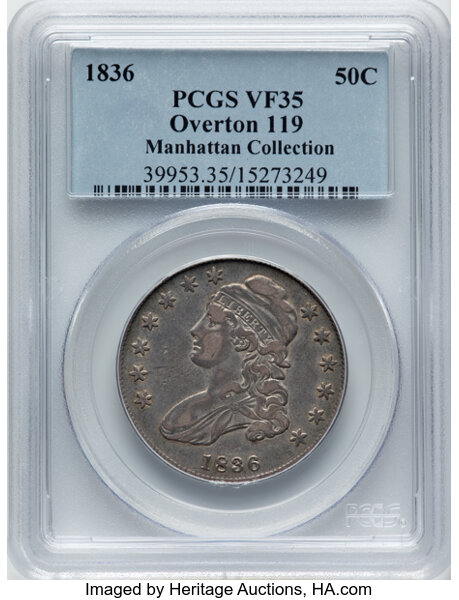 image for: 1836 50C Lettered Edge, O-119, Low R.4, VF35 PCGS. Ex: Manhattan Collection. PCGS Population: 3 in 35, 16 finer (11/25). CD...