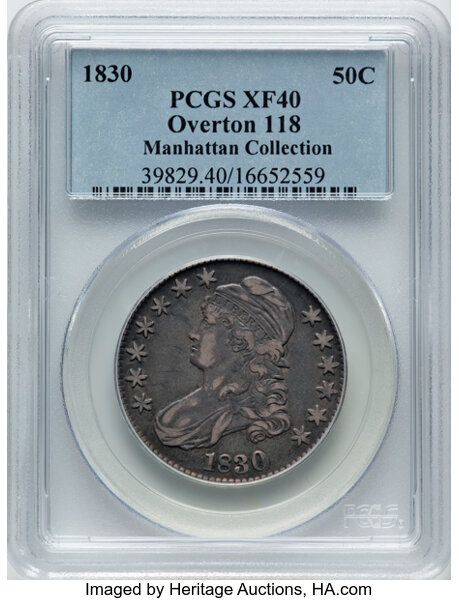 image for: 1830 50C Small 0, O-118, Low R.4, XF40 PCGS. Ex: Manhattan Collection. PCGS Population: 3 in 40, 14 finer (11/25). CDN: $19...