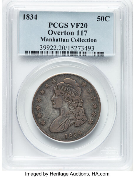 image for: 1834 50C Small Date, Small Letters, O-117, R.2, VF20 PCGS. Ex: Manhattan Collection. PCGS Population: 2 in 20, 21 finer (11...