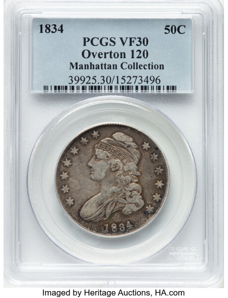 image for: 1834 50C Small Date, Small Letters, O-120, R.3, VF30 PCGS. Ex: Manhattan Collection. PCGS Population: 3 in 30, 25 finer (11...
