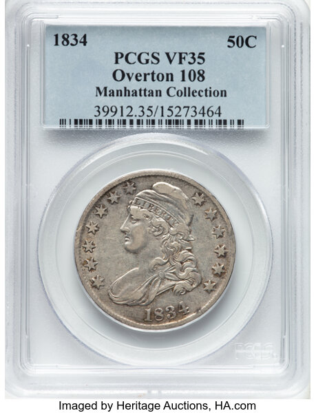 image for: 1834 50C Large Date, Small Letters, O-108, R.1, VF35 PCGS. Ex: Manhattan Collection. PCGS Population: 1 in 35, 19 finer (11...