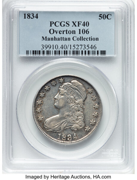 image for: 1834 50C Large Date, Small Letters, O-106, R.1, XF40 PCGS. Ex: Manhattan Collection. PCGS Population: 7 in 40, 32 finer (11...