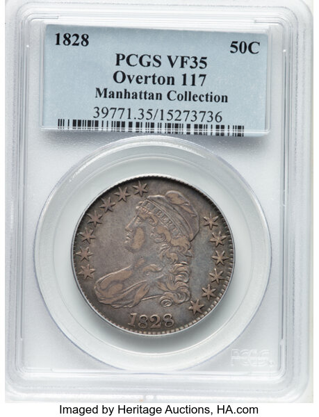 image for: 1828 50C Square Base 2, Small 8s, Large Letters, O-117, R.1, VF35 PCGS. Ex: Manhattan Collection. PCGS Population: 4 in 35,...
