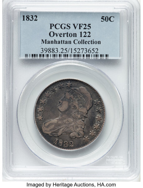 image for: 1832 50C Small Letters, O-122, R.1, VF25 PCGS. Ex: Manhattan Collection. PCGS Population: 3 in 25, 57 finer (11/25). CDN: $...