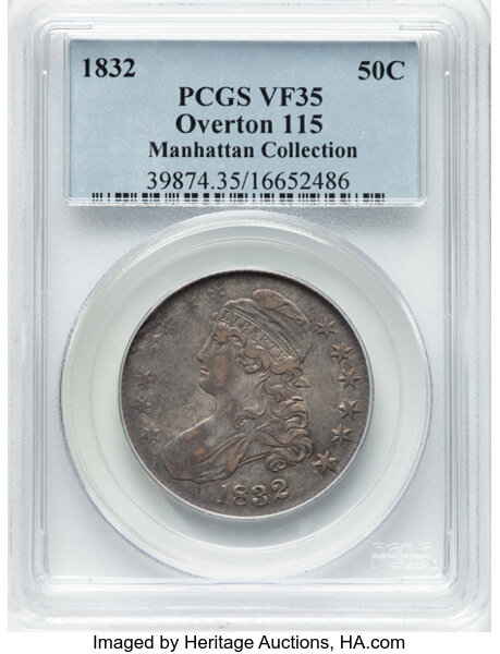 image for: 1832 50C Small Letters, O-115, R.1, VF35 PCGS. Ex: Manhattan Collection. PCGS Population: 5 in 35, 29 finer (11/25). CDN: $...