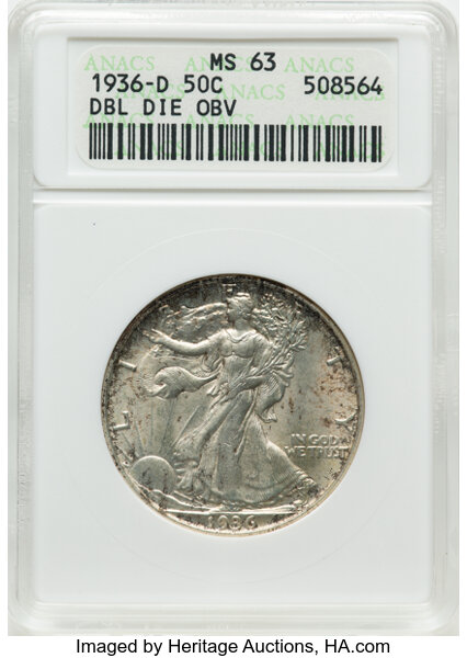 image for: 1936-D 50C Doubled Die Obverse, FS-101, MS63 ANACS. Housed in a small-sized holder.  ...