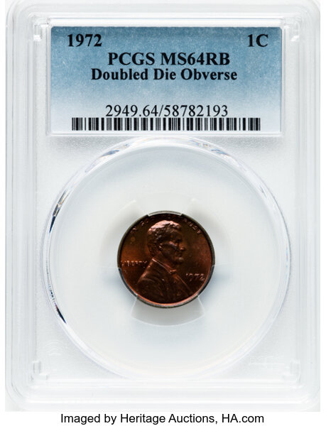image for: 1972 1C Doubled Die Obverse, FS-101, MS64 Red and Brown PCGS.  CDN: $360 Whsle. Bid for NGC/PCGS MS64. Mintage 75,000....