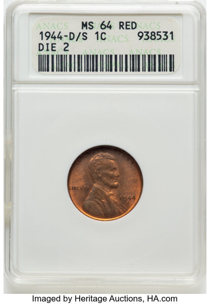 image for: 1944-D/S 1C Overmintmark, FS-512, MS64 Red ANACS. Die 2. Housed in a small-sized holder....